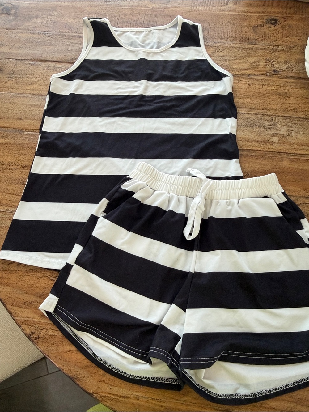Black & White Striped Tank Top and Drawstring Shorts Set